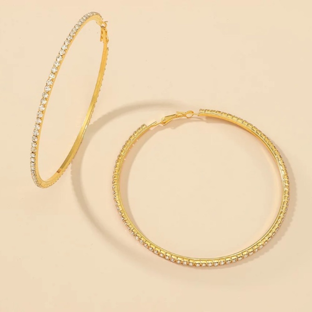 ⭐️ Gold Plated Rhinestone Big Hoop Earrings - Picture 2 of 4